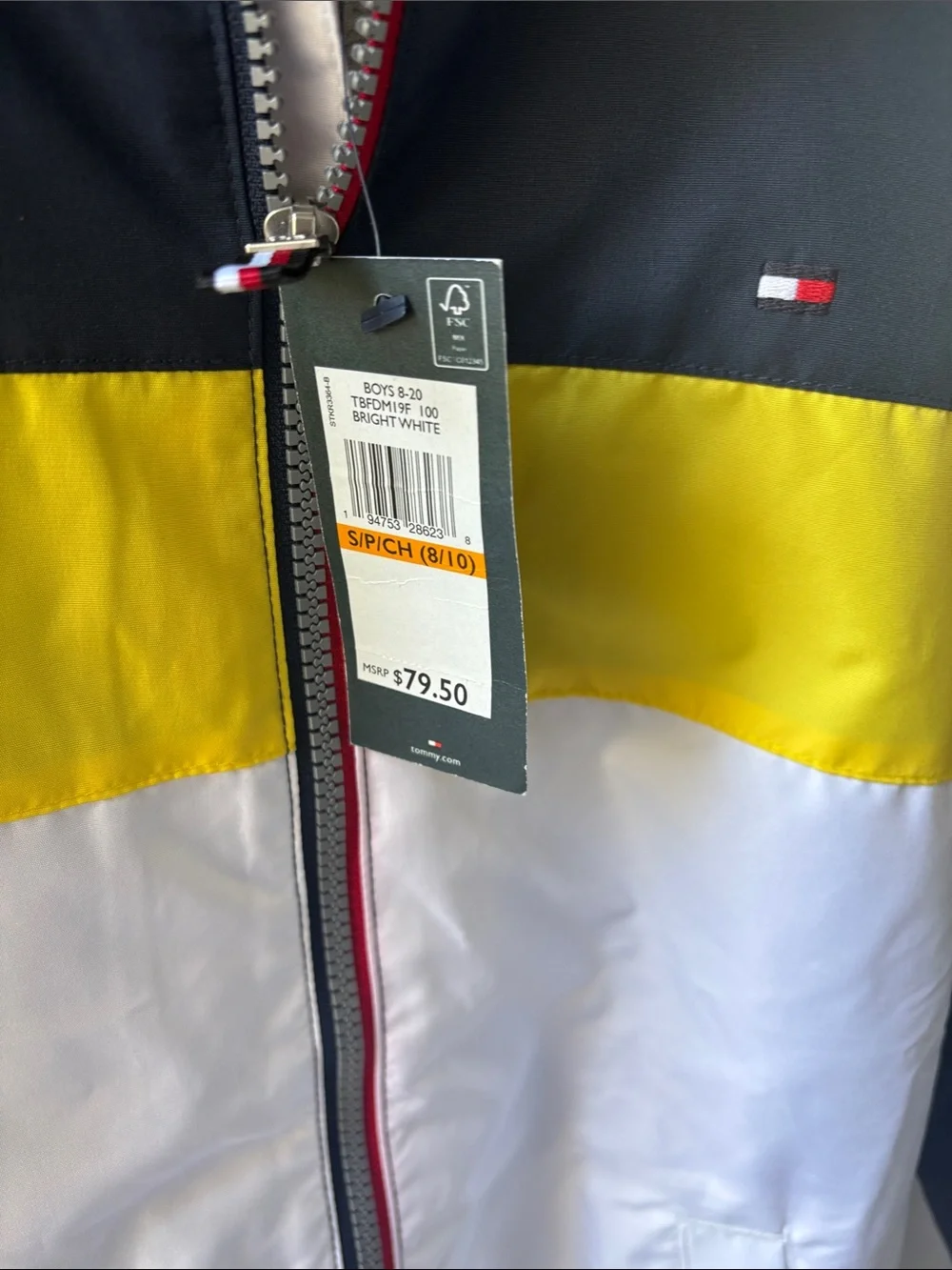 Tommy Hilfiger Kids Navy, Yellow & White Hooded Raincoat, new